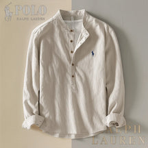 Camicia collo coreano in cotone e lino