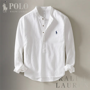 Camicia collo coreano in cotone e lino